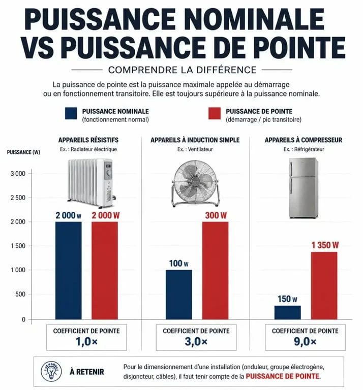 Infographie comparative de la puissance nominale et de la puissance de crête pour le choix d'un groupe électrogène
