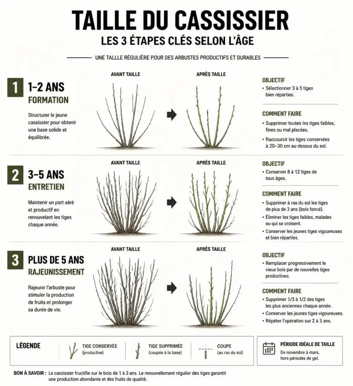 Schéma explicatif sur quand tailler les cassissiers selon l'âge de l'arbuste