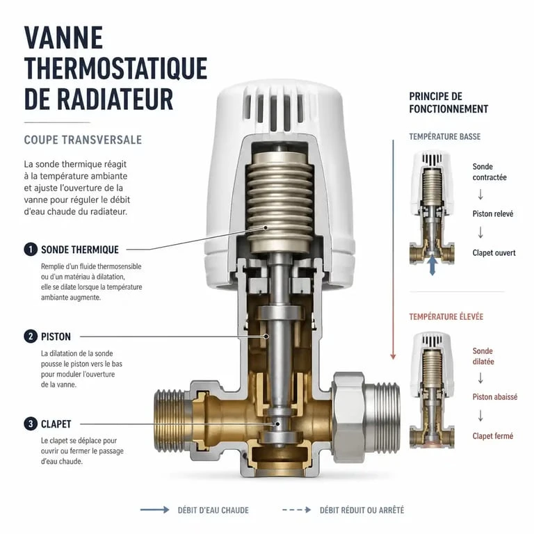 Schéma du fonctionnement interne d'une vanne thermostatique de radiateur