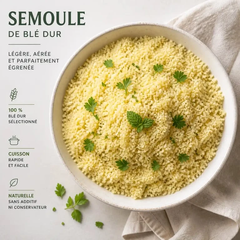Assiette de semoule de blé dur parfaitement cuite pour illustrer la quantité de semoule par personne
