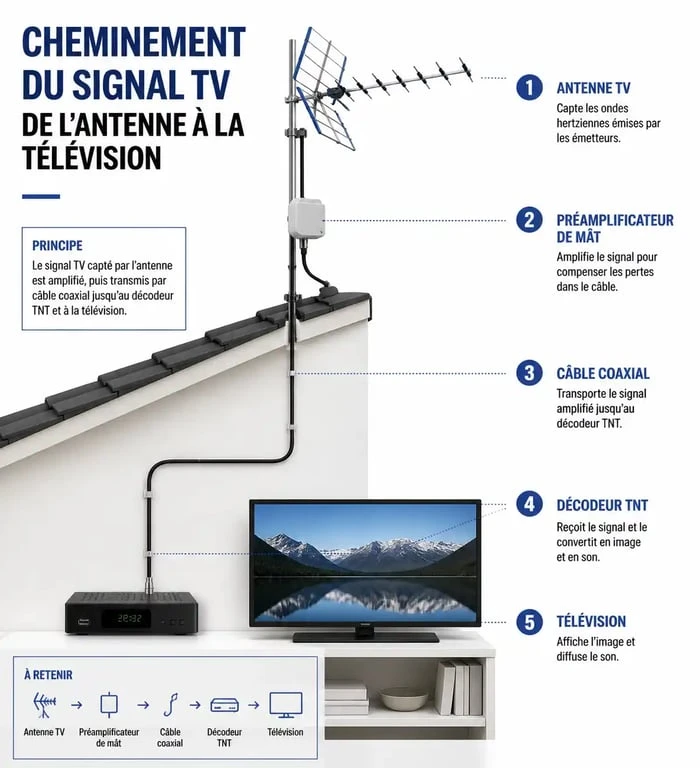 Schéma de fonctionnement d'une installation d'antenne TV extérieure pour une réception difficile