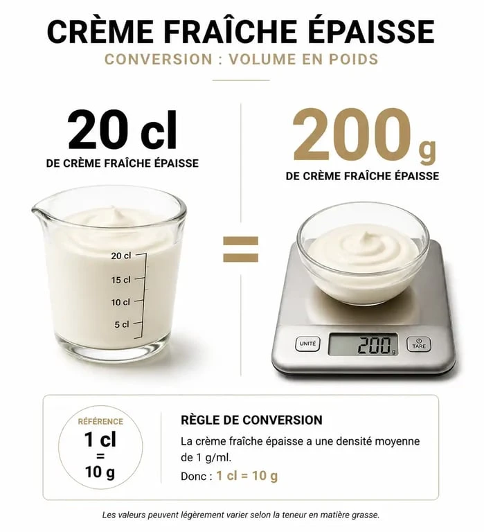 Infographie de conversion : 20 cl de crème fraîche épaisse en grammes