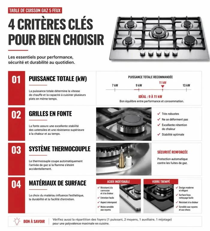 Infographie des critères de choix pour la meilleure plaque de cuisson gaz 5 feux