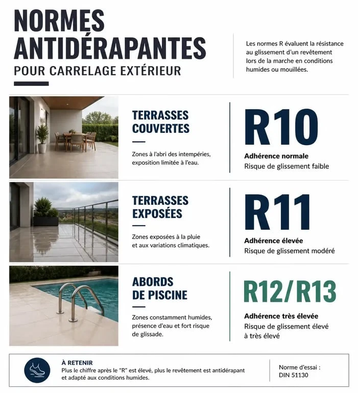 Tableau récapitulatif des normes antidérapantes pour le choix d'un carrelage terrasse moderne