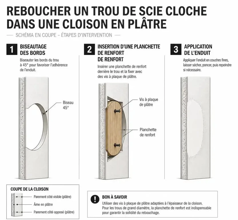 Schéma explicatif des étapes pour reboucher un trou de scie cloche dans une cloison en placo