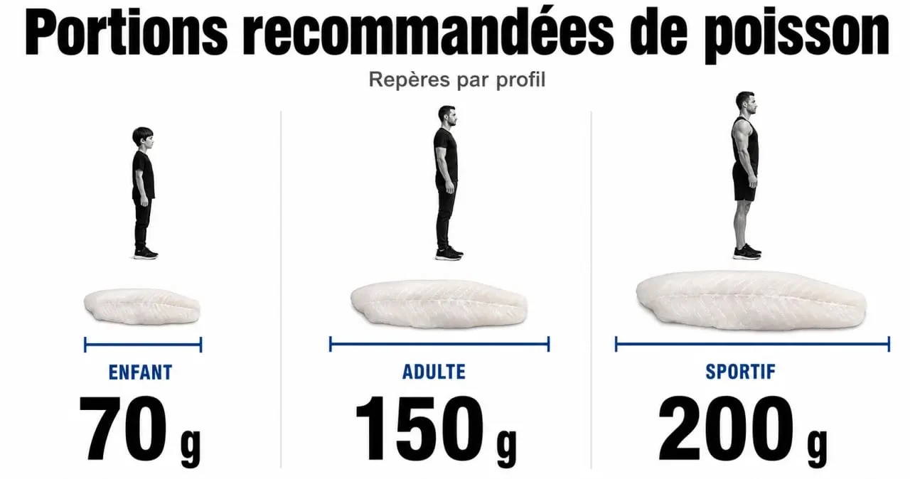 Infographie des portions recommandées de poisson par personne selon le profil
