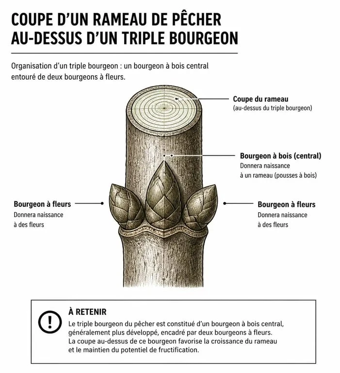 Schéma technique de la taille d'un pêcher au-dessus d'un triple bourgeon