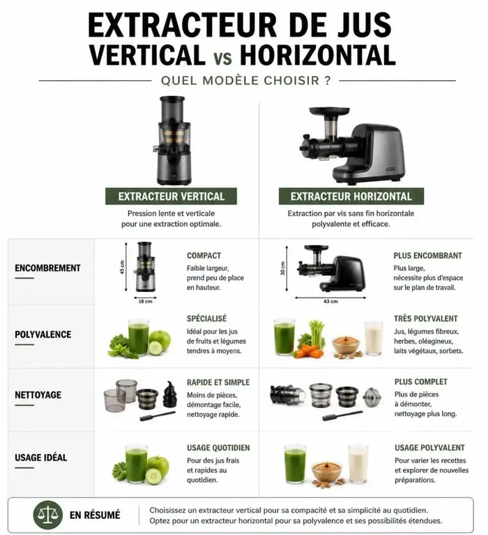 Comparatif des caractéristiques techniques entre extracteur de jus vertical et horizontal pour choisir le meilleur extracteur de jus 2024