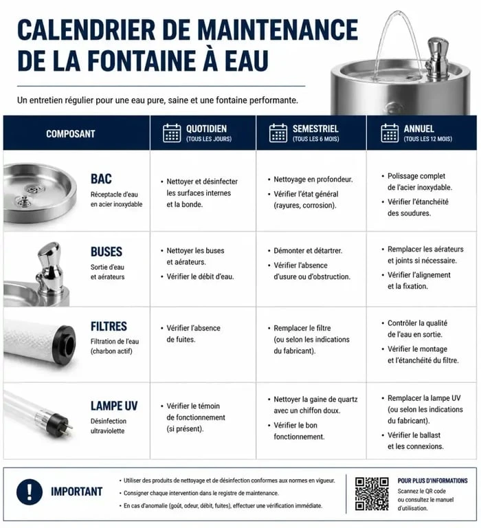 Calendrier de maintenance et entretien d'une fontaine à eau en entreprise
