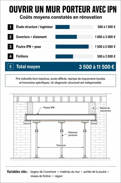 Infographie des coûts moyens pour l'ouverture d'un mur porteur avec pose d'une poutre IPN