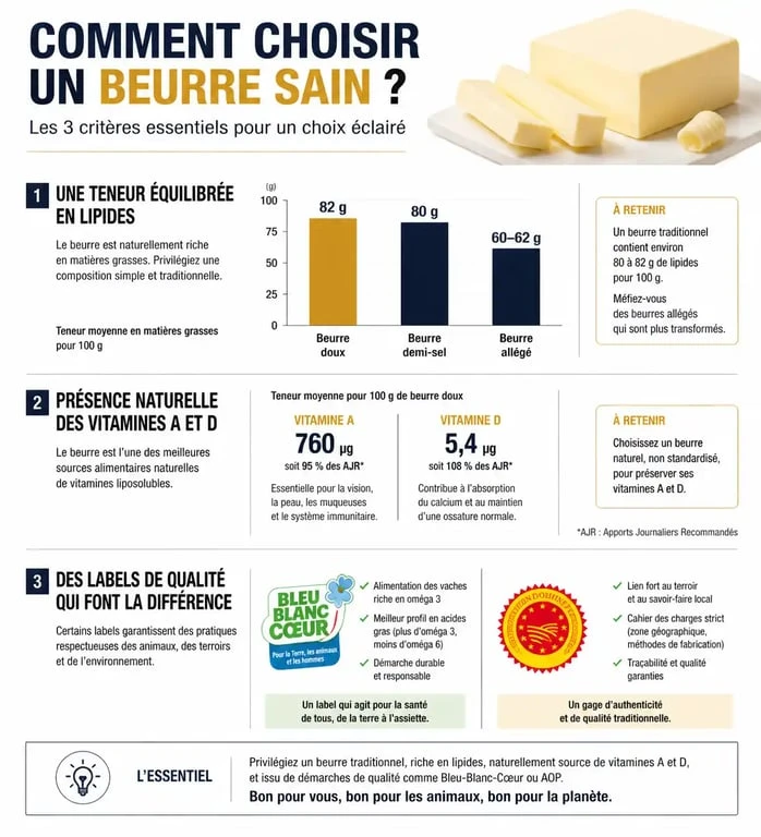 Infographie sur les critères pour choisir un beurre bon pour la santé et riche en nutriments