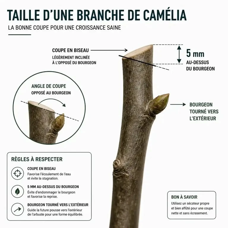 Schéma explicatif de la technique de taille du camélia : coupe en biseau au-dessus d'un bourgeon