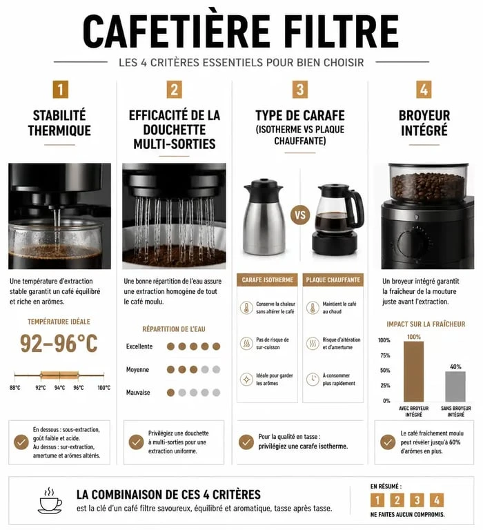 Infographie comparative des critères de choix pour la meilleure cafetière filtre