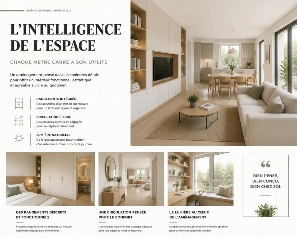 Exemple d'aménagement maison moderne avec rangements optimisés et décoration épurée