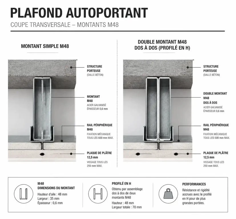 Schéma technique comparant la résistance d'un montant M48 simple et d'un montant M48 doublé pour plafond autoportant