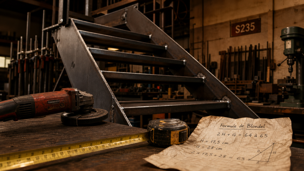 Fabriquer un escalier en metal : escalier acier en atelier, soudure et gabarit Blondel