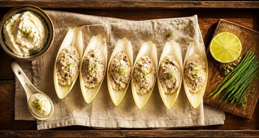 Feuilles d'endives garnies pour apéro, rillettes de thon au citron vert