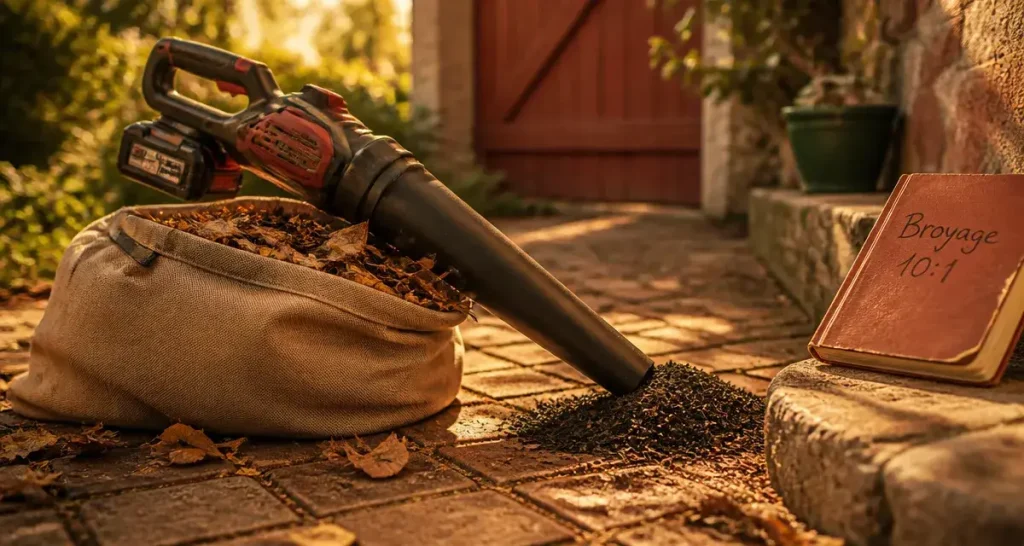 Meilleur aspirateur souffleur broyeur sur batterie en jardin, feuilles broyées