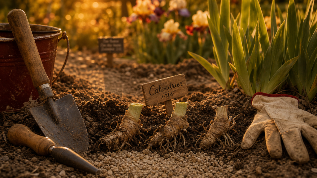 Quand planter des iris : rhizomes affleurants dans la terre, étiquette calendrier iris