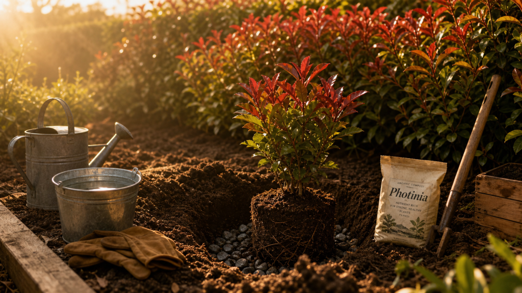 Quand planter photinia : trou de plantation et jeunes pousses pour haie