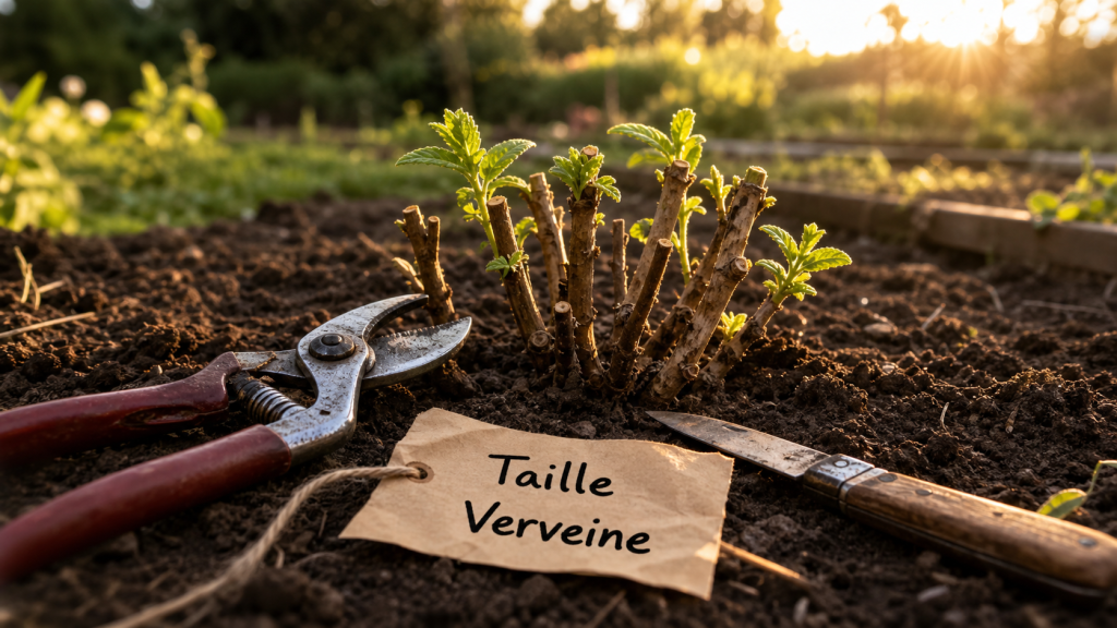 Quand tailler la verveine : sécateur sur verveine, bourgeons et tiges raccourcies