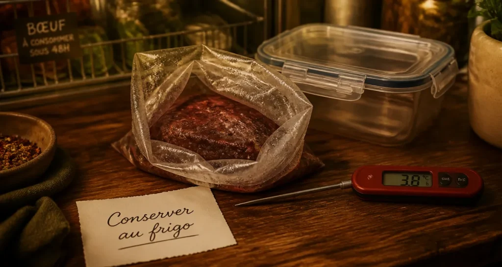 Viande décongelé combien de temps au frigo : sachet au frigo et mémo de conservation