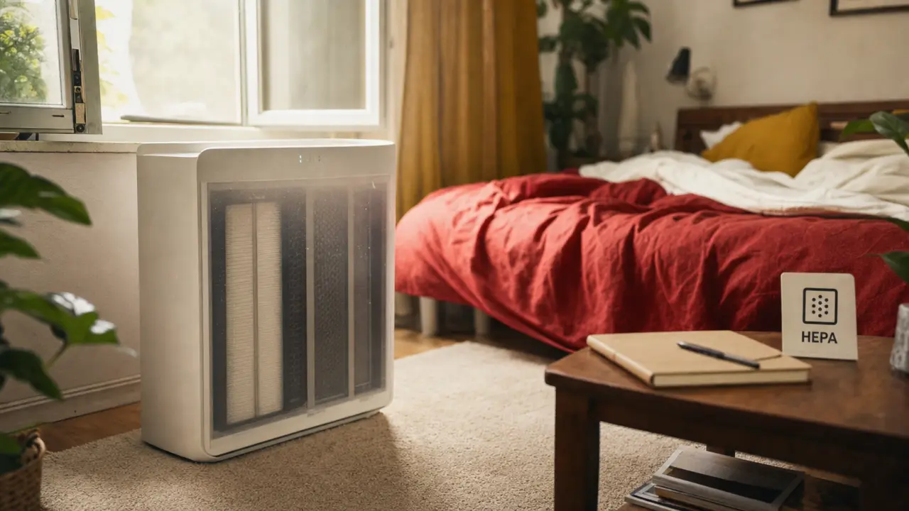 À quoi sert un purificateur d air : purificateur HEPA dans une chambre, filtres visibles