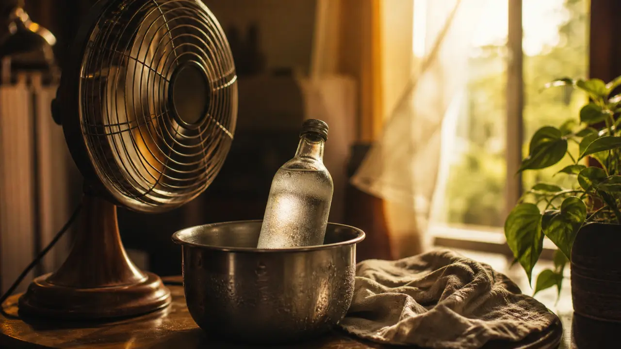 Astuce ventilateur air froid : bouteille givrée et linge humide près d’un ventilateur