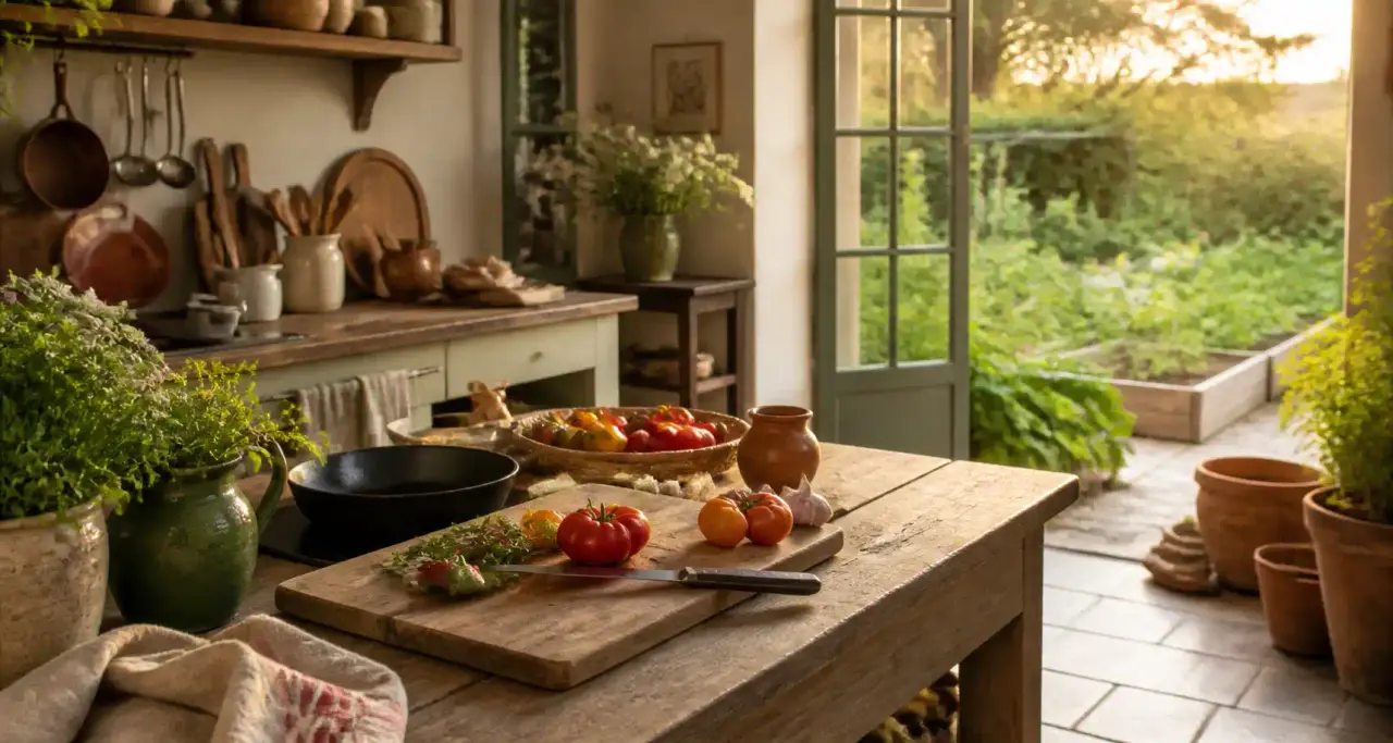 Cuisine de maison de campagne ouverte sur le potager, légumes de saison et ustensiles sur un plan de travail en bois