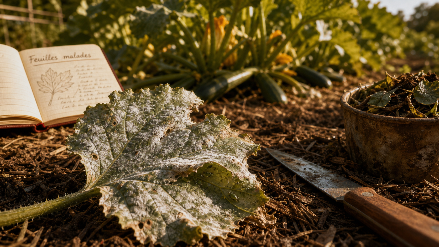 Courgette maladies : feuille blanchie par l’oïdium et pucerons