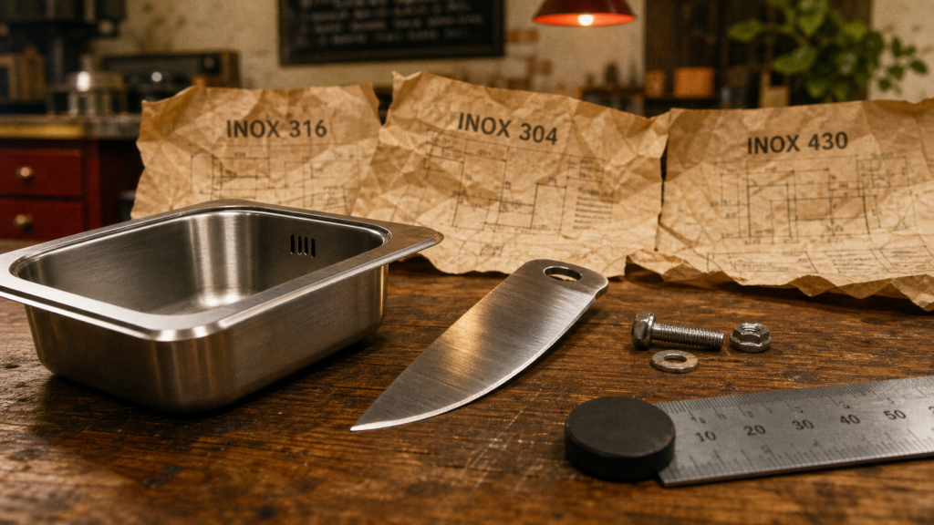 Différence entre inox et acier inoxydable : grades 316 304 430 sur inox brossé