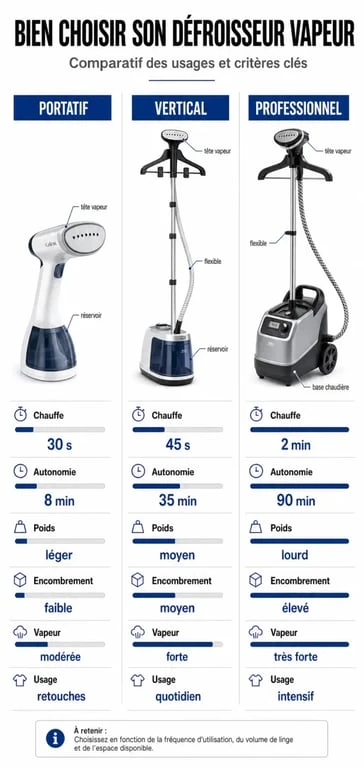 Quel defroisseur choisir : comparaison visuelle entre défroisseur portatif, vertical et professionnel