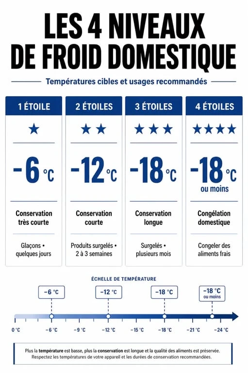 Infographie comparative des différences entre freezer et congélateur selon le nombre d'étoiles et la température