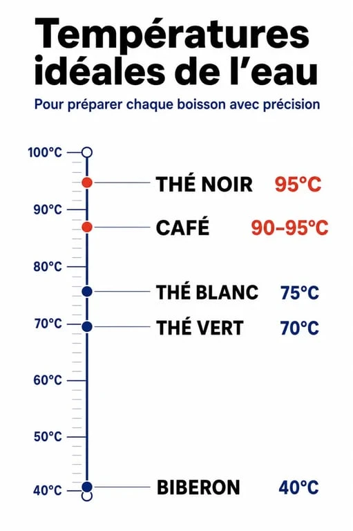 Infographie des températures idéales de l'eau pour le thé, le café et les biberons avec une bouilloire à choix de température