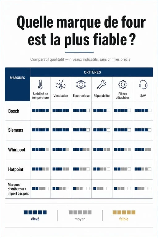 Infographie comparant quelle marque de four est la plus fiable selon les critères de réparabilité, SAV et pièces détachées