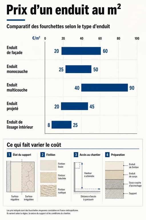 Enduit prix m2 : comparaison visuelle des prix au m2 selon le type d’enduit et les facteurs de variation