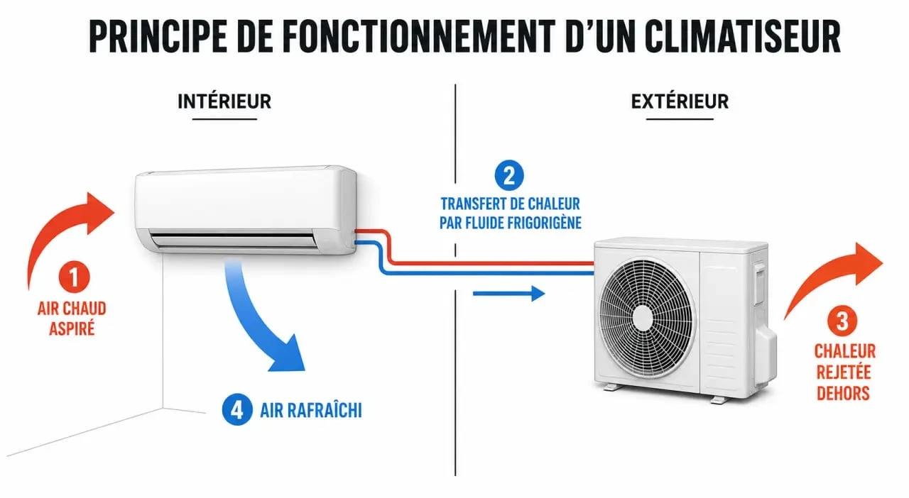 Schéma du climatiseur définition montrant le transfert de chaleur entre unité intérieure et unité extérieure