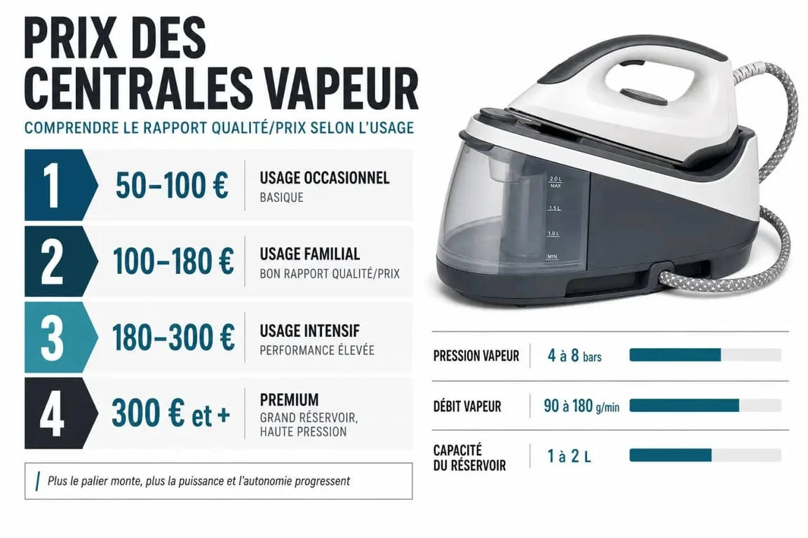 Infographie sur le prix d’une centrale vapeur avec paliers tarifaires et critères de choix