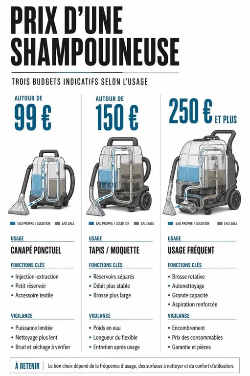 Infographie sur le shampouineuse prix avec trois niveaux de budget et leurs usages