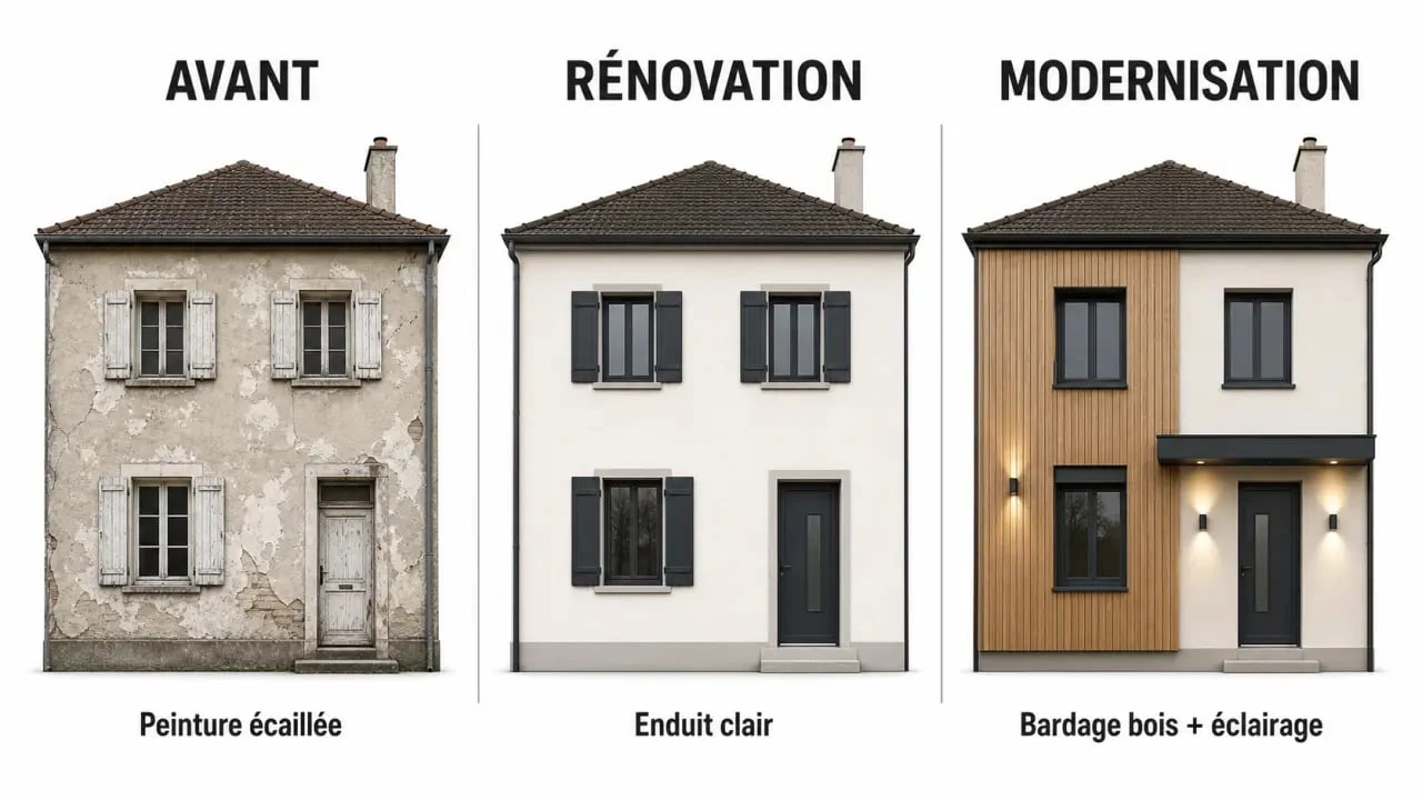 Solutions rénover ou embellir façade : comparaison visuelle avant/après de trois styles de façade