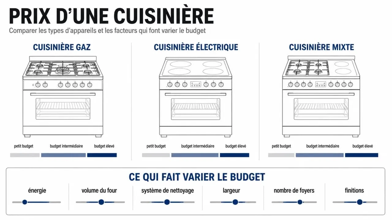 Infographie sur le prix cuisiniere : types gaz, électrique et mixte, avec critères de budget et facteurs de variation