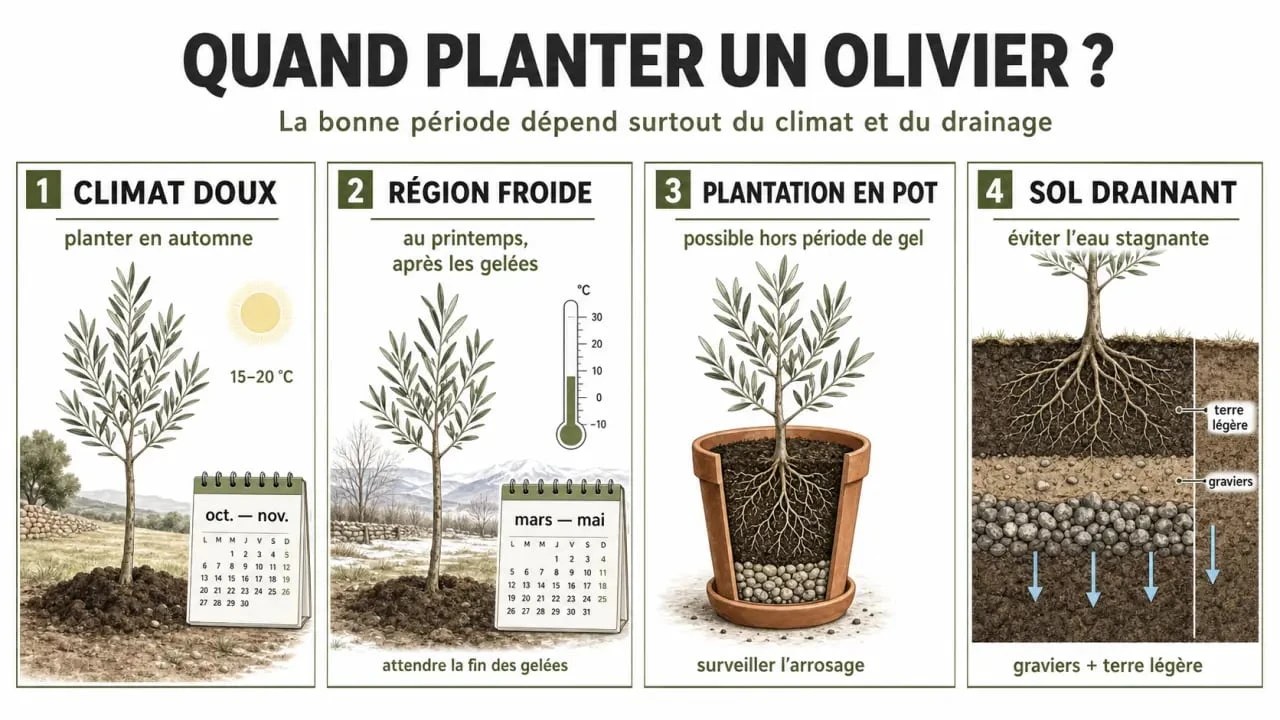 Quand planter olivier : illustration des meilleures périodes selon le climat, en automne, au printemps, en pot et en sol drainant