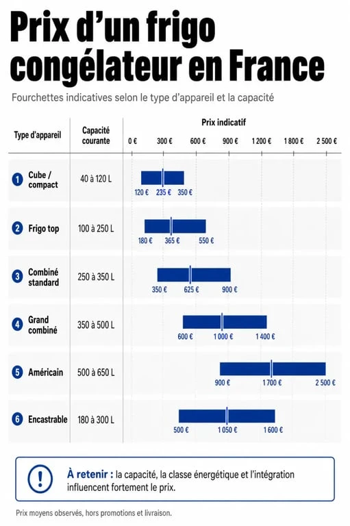 Infographie sur le prix d un frigo congelateur selon le type et la capacité