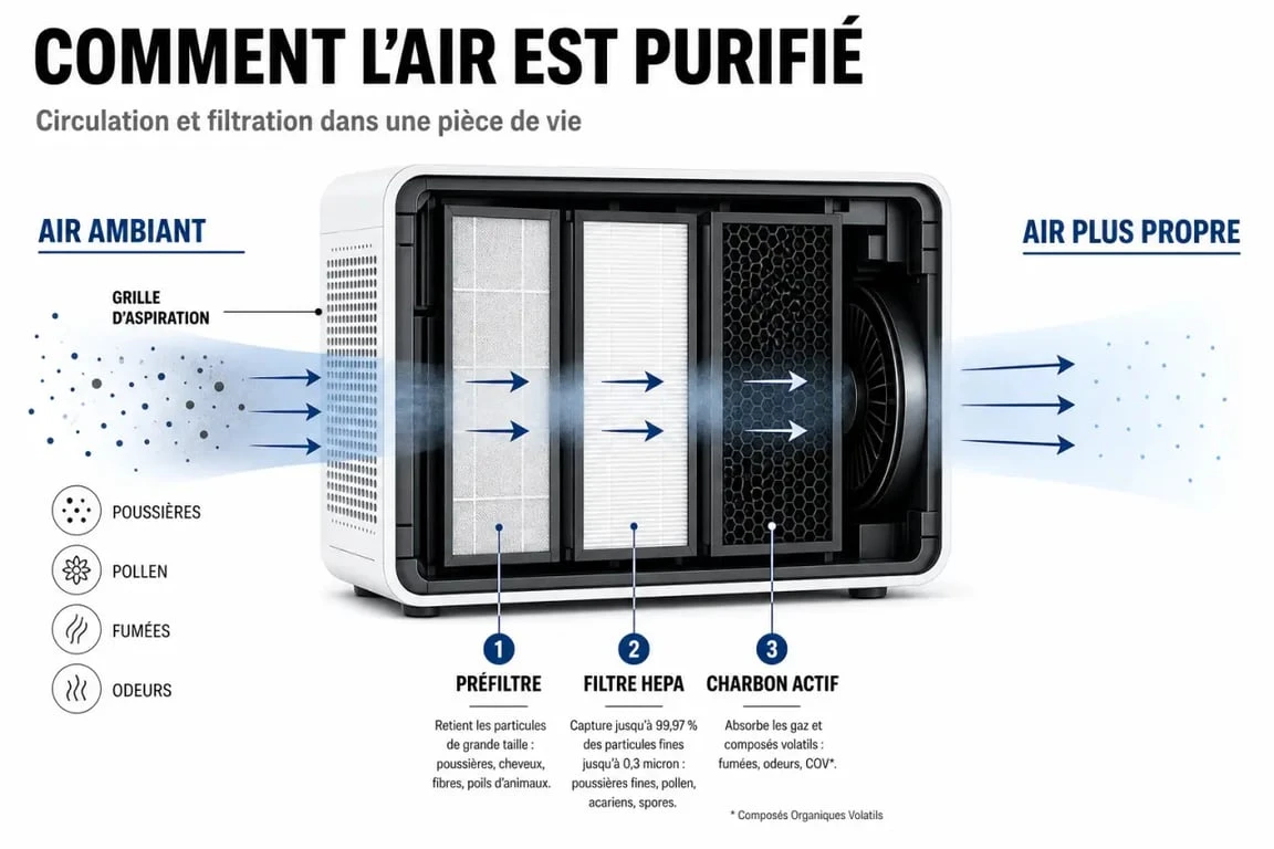 À quoi sert un purificateur d air : schéma du fonctionnement avec préfiltre, filtre HEPA et charbon actif