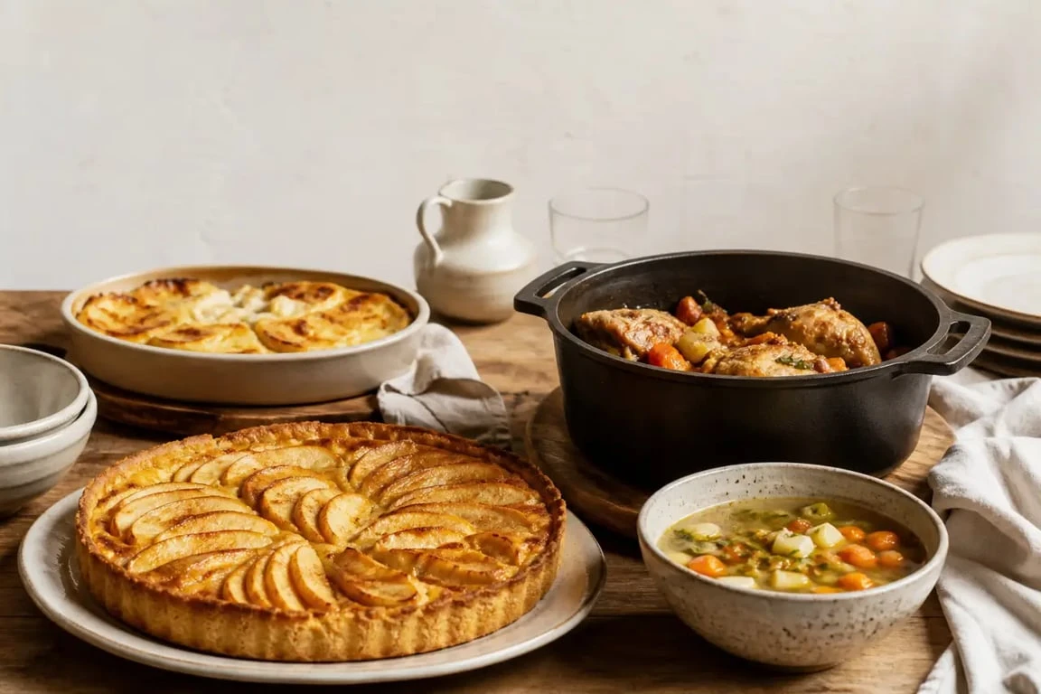 Vieilles recettes de cuisine de grand-mère sur une table familiale avec tarte aux pommes, plat mijoté et gratin