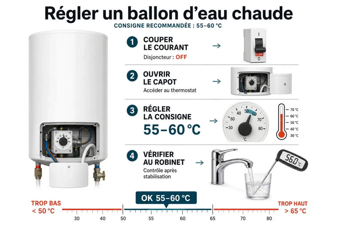 Réglage ballon eau chaude : illustration des étapes pour régler la température entre 55 et 60°C