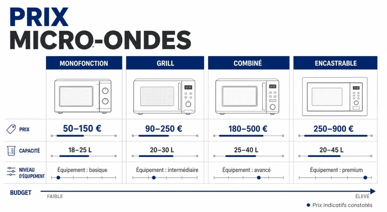 Prix micro onde : comparaison visuelle des gammes et des fourchettes de prix