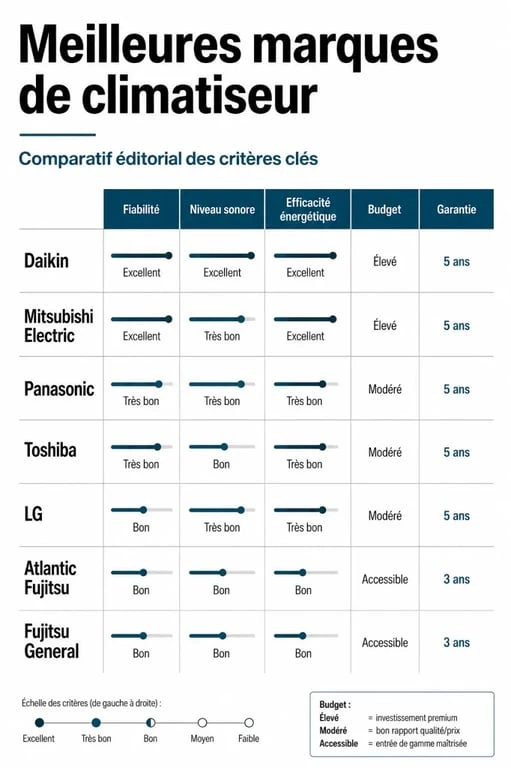 Comparatif visuel pour choisir la meilleur marque de climatiseur selon la fiabilité, le silence, la garantie et le budget