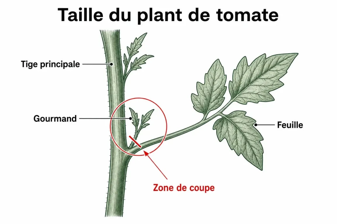 Schéma explicatif pour identifier et tailler un gourmand de tomate sur un plant