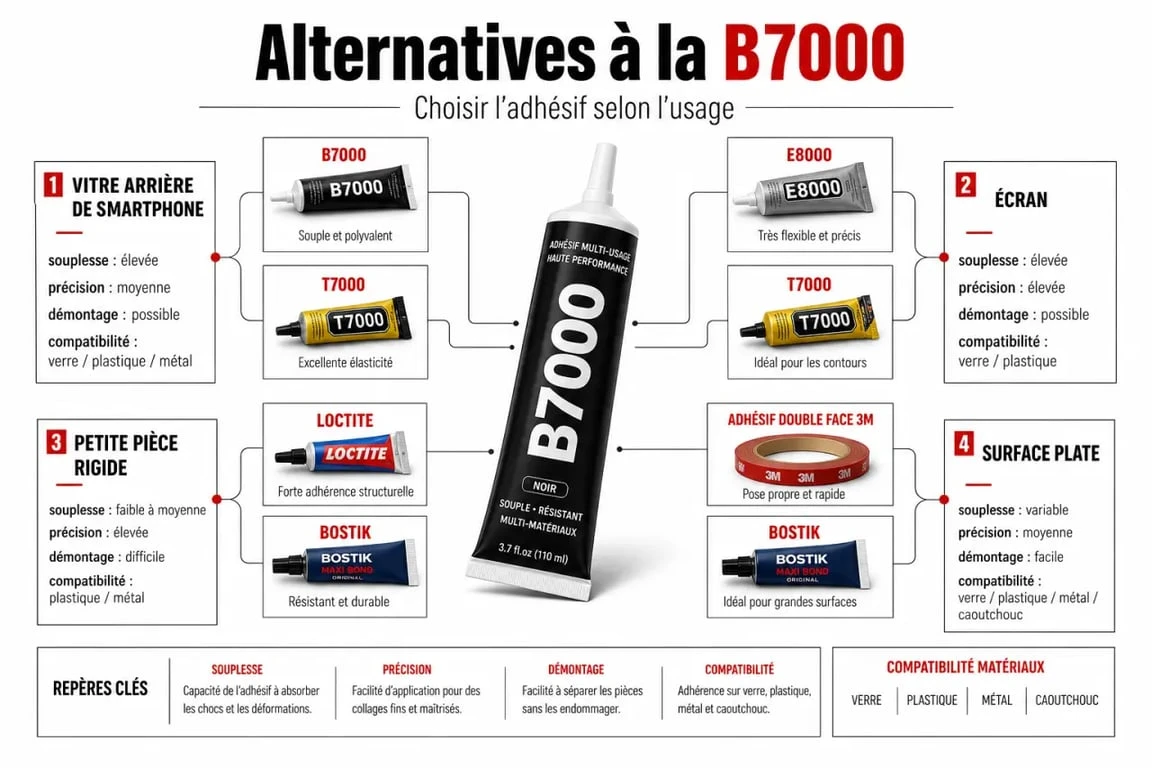 Colle B7000 équivalent : infographie comparative des alternatives pour réparation smartphone et électronique